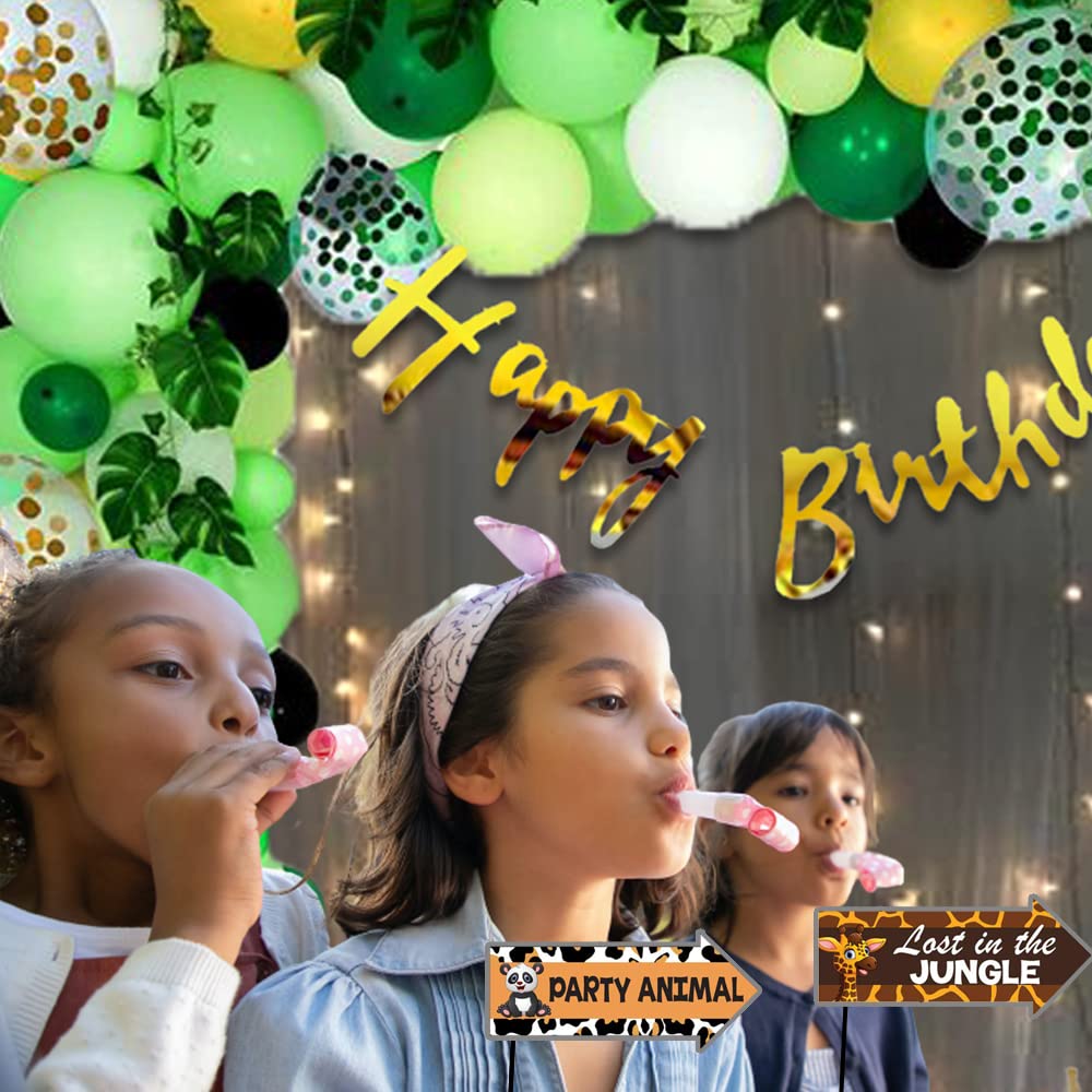 Jungle Theme Kids Birthday Decoration Items - Pack of 106 Pcs- Bunting, Photobooth props, Artifical Leaf, Fairy Light, Arch Tape, Balloon Pump - forest theme birthday party freeshipping - CherishX Partystore