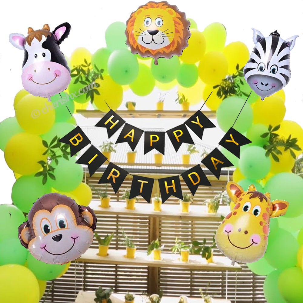 Jungle Theme Kids Birthday Decoration Items - Pack of 47 Pcs- Bunting, Animal Face Foil balloons, Arch Tape - forest theme birthday party freeshipping - CherishX Partystore