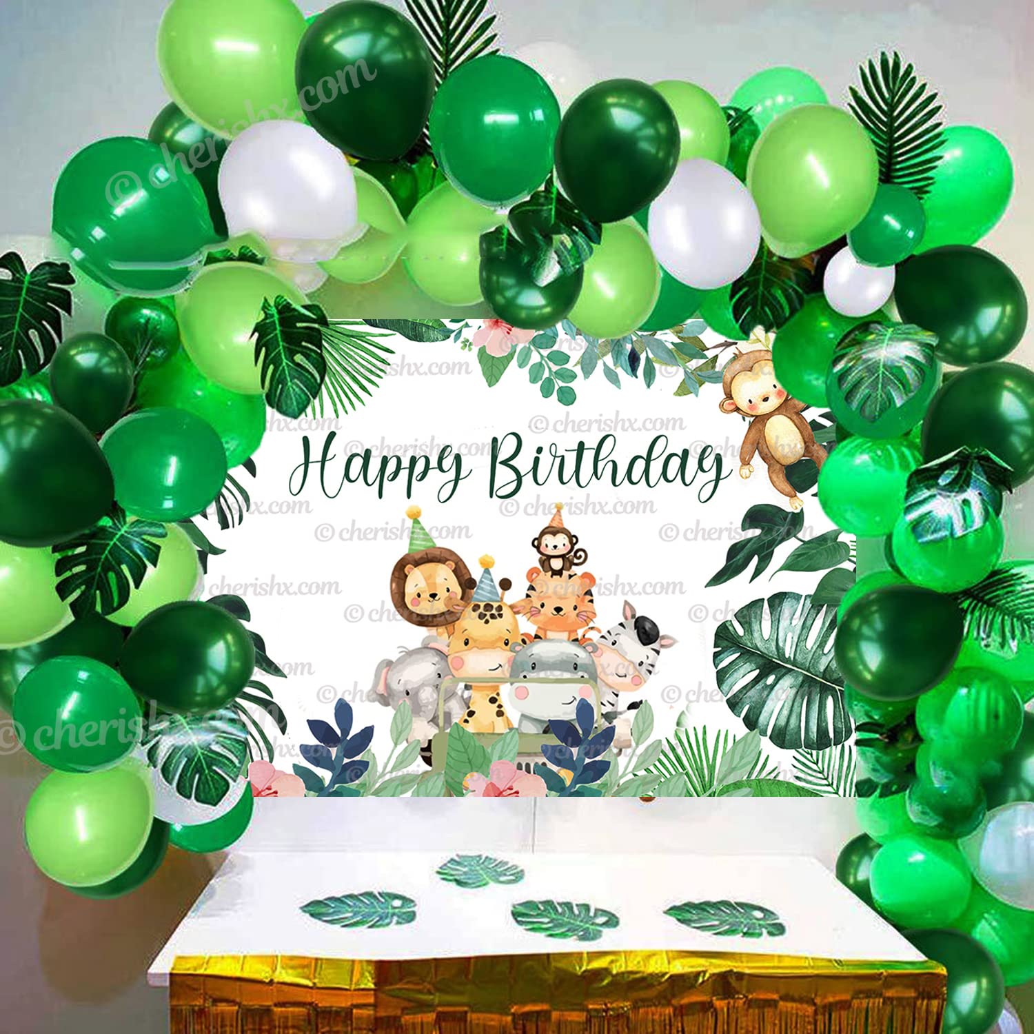 Jungle Theme Party Decoration Items for Kids Birthday - Pack of 53 Pcs - Backdrop flex, Artificial Leaf, Latex Balloons, Arch tape - Decorating Items Birthday Party for Boy or Girl freeshipping - CherishX Partystore