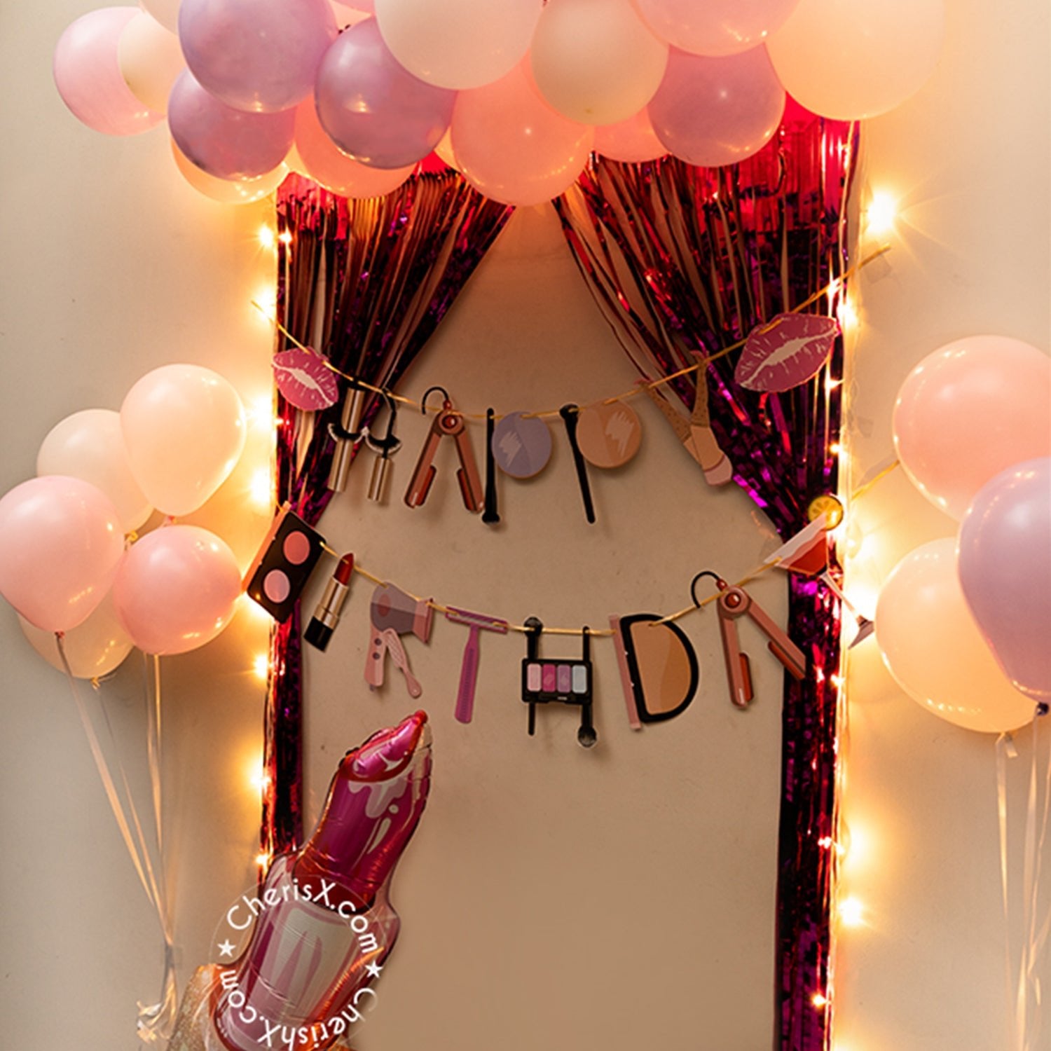 Pink and white theme birthday decoration items with fringe curtain