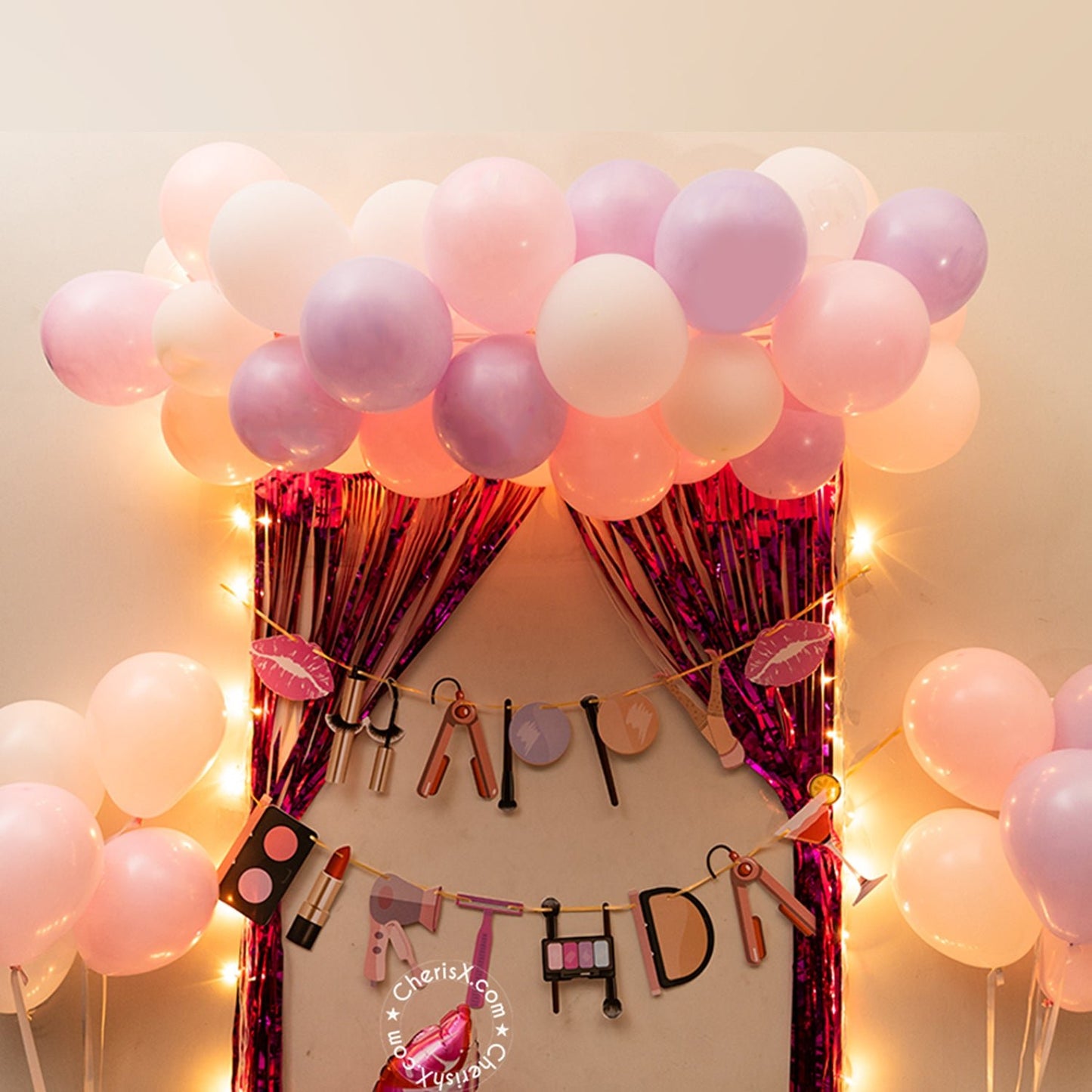 Makeup/Spa kit theme birthday decoration items  - 55 Pcs Combo - makeup Bunting, fringe curtain, fairy light, pastel balloon garland kit for room decoration, birthday decor, birthday party freeshipping - CherishX Partystore
