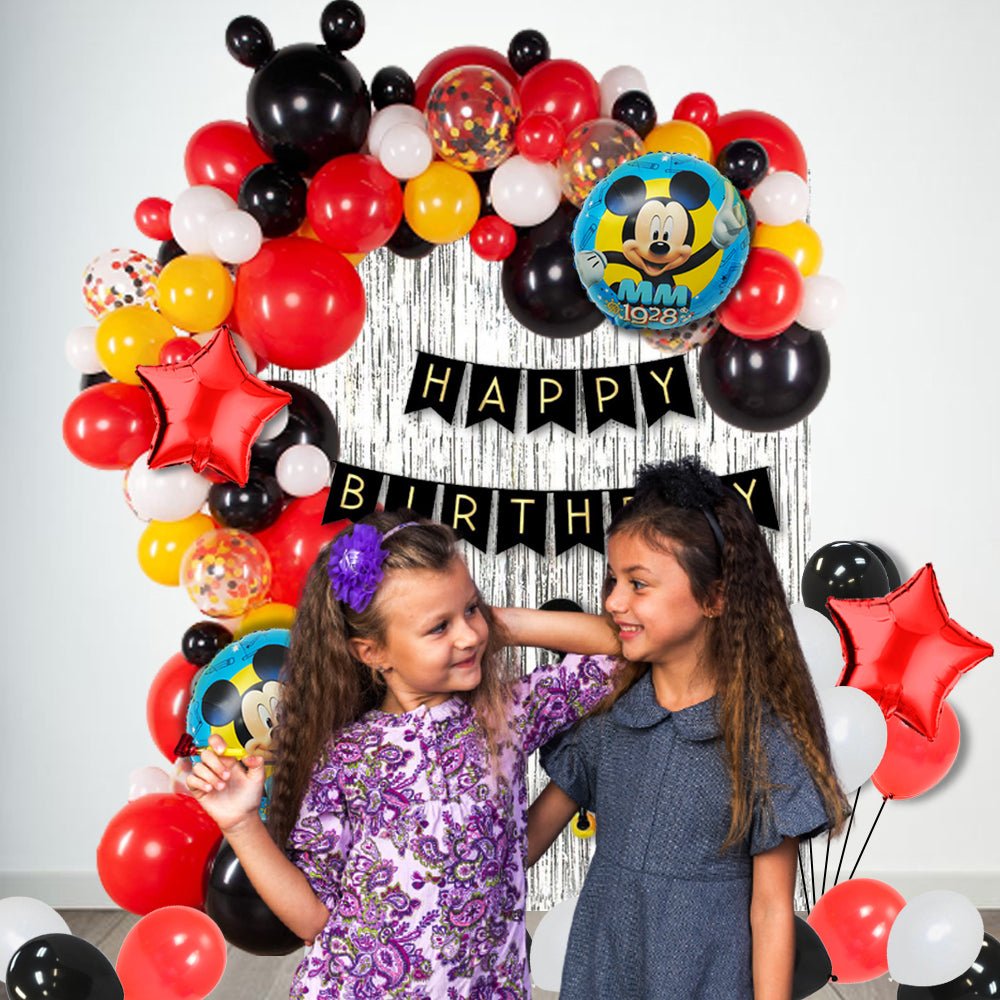 Mickey Mouse Theme Birthday Decoration Kit Combo - Pack Of 100 Pcs - Banner, Mickey Foil Bunch, Foil Curtain, Confetti & Latex Balloon Bday Decoration for Girls, Boys, Kids, Baby freeshipping - CherishX Partystore