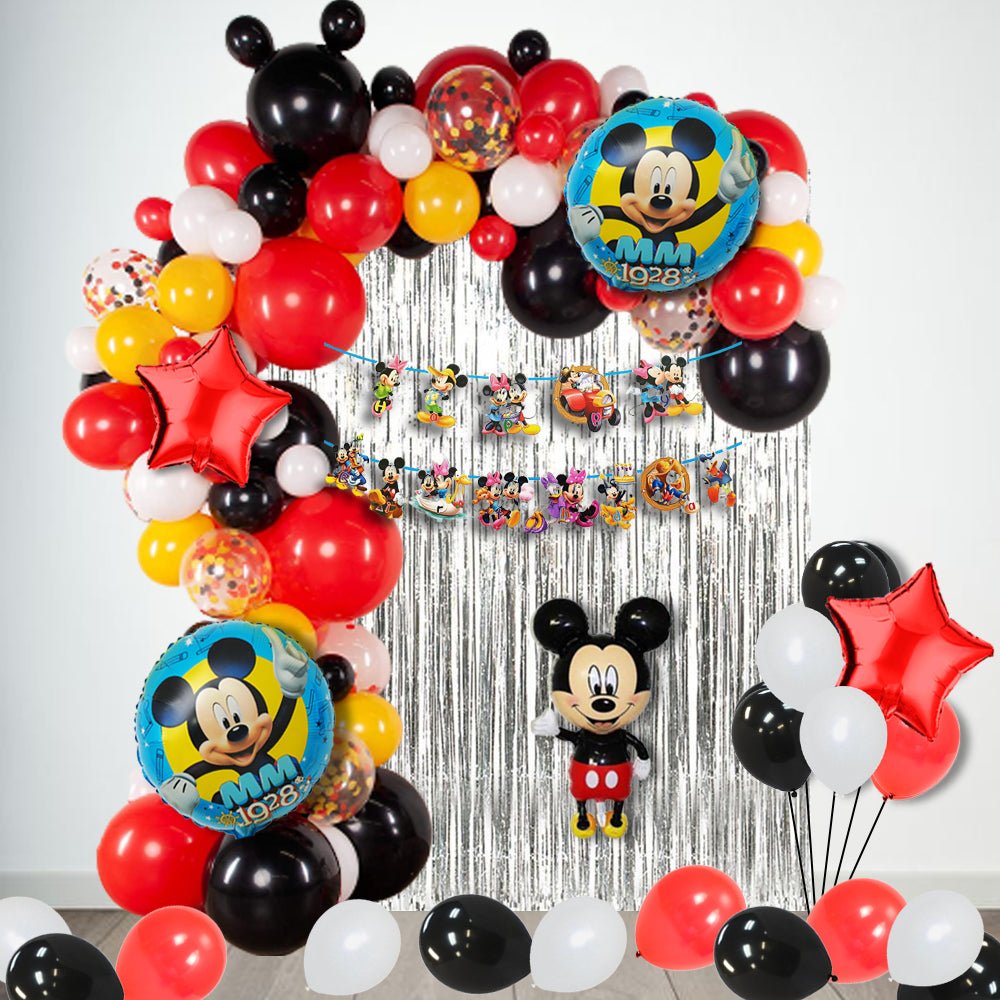Mickey Mouse Theme Birthday Decoration Kit Combo - Pack Of 100 Pcs - Banner, Mickey Foil Bunch, Foil Curtain, Confetti & Latex Balloon Bday Decoration for Girls, Boys, Kids, Baby freeshipping - CherishX Partystore