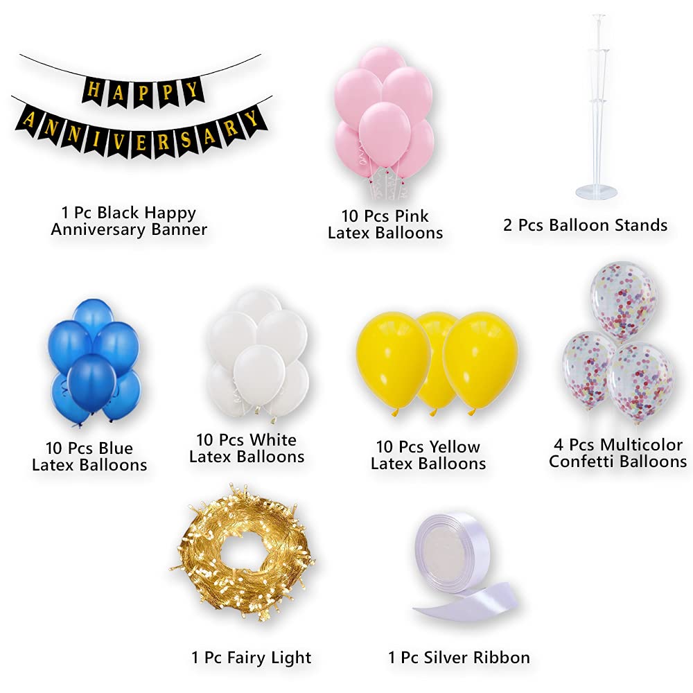 Multicolor Anniversary Decoration Items - 49 Pcs Combo - Banner, Confetti Balloon, Fairy Light, Balloon Stand & Metallic Balloons - Bedroom Decoration freeshipping - CherishX Partystore