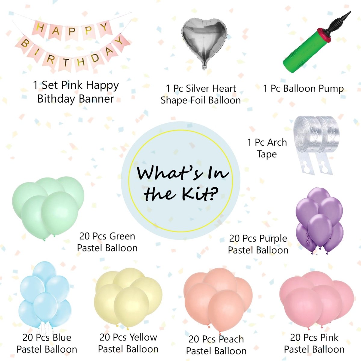 Multicolor Birthday Balloon Decoration Items - Pack of 124 Pcs - Happy Birthday Banner, Heart Shape Foil, Arch Tape, Pump & Pastel Balloons -Birthday Decoration Set freeshipping - CherishX Partystore