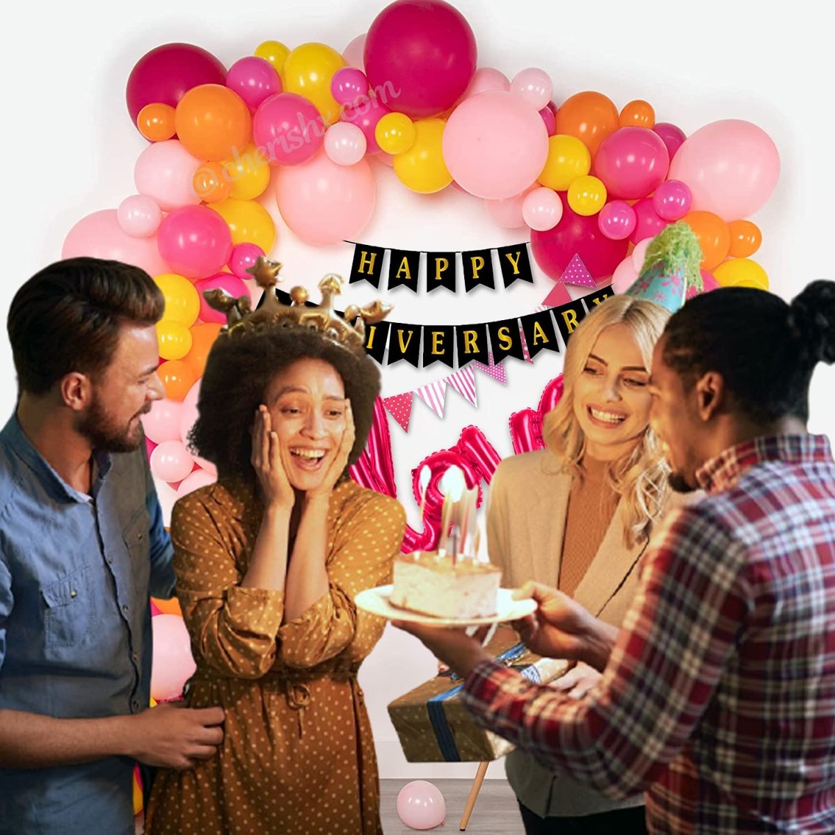 Pink & Yellow Anniversary Party Decoration for Husband 65 Pcs Combo Anniversary Banner, Flag Bunting Cursive Love foil, Arch Strip and Balloon Glue Anniversary Celebration Decorations Set freeshipping - CherishX Partystore