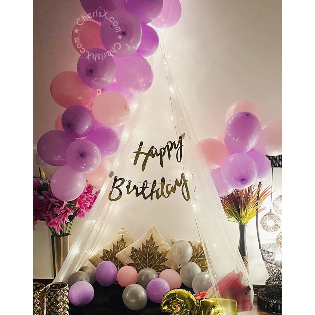 Purple Tent Birthday Backdrop For Decoration - 40 Pcs Items - Bunting, Cabana Net, Balloons decoration, canopy diy kit, birthday decorations for girls, boy, wife. - CherishX Partystore