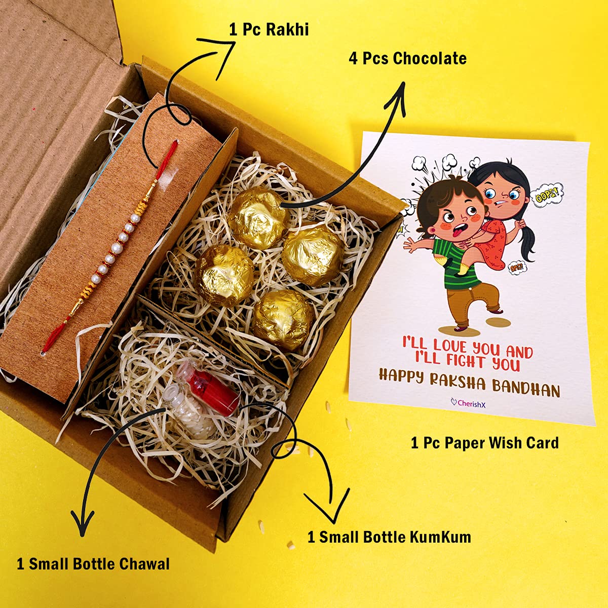 Rakhi for Rakshabandhan Combo -Rakhi, Chocolates, Chawal, Kumkum & Wish card - Rakhi for Brother Combo freeshipping - CherishX Partystore