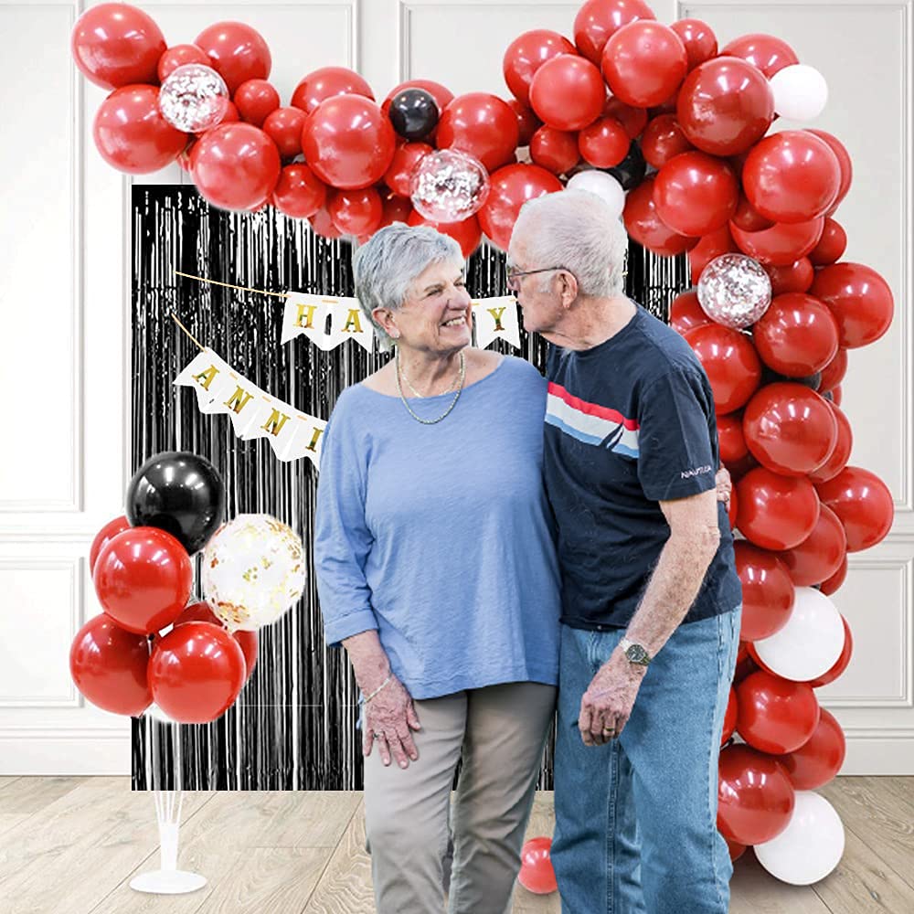 Red Anniversary Decorations For Home set - Pack of 68 - Anniversary Banner, Black Foil Curtain, Balloons Stand, Confetti & Metallic Balloons Arch Strip and Glue Dot tape freeshipping - CherishX Partystore