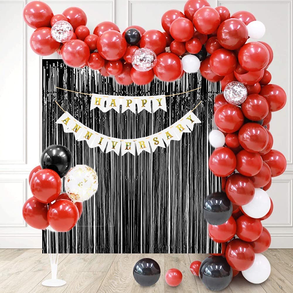 Red Anniversary Decorations For Home set - Pack of 68 - Anniversary Banner, Black Foil Curtain, Balloons Stand, Confetti & Metallic Balloons Arch Strip and Glue Dot tape freeshipping - CherishX Partystore
