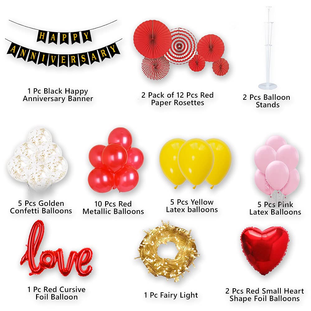 Red & Golden Anniversary Decoration Items With Lights - Pack of 34 Pcs - Red Paper Rosette, Balloon Stand & Metallic Balloon Decoration for Anniversary Husband, Mom, Dad freeshipping - CherishX Partystore