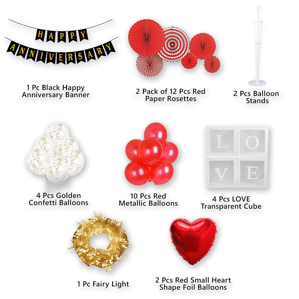 Red & Golden Balloon Decoration for Anniversary - 26 Pcs Combo - Love Transparent Cube Box, Heart Foil Balloon for 1st, 5th, 25th Room Decoration, Wedding Anniversary freeshipping - CherishX Partystore