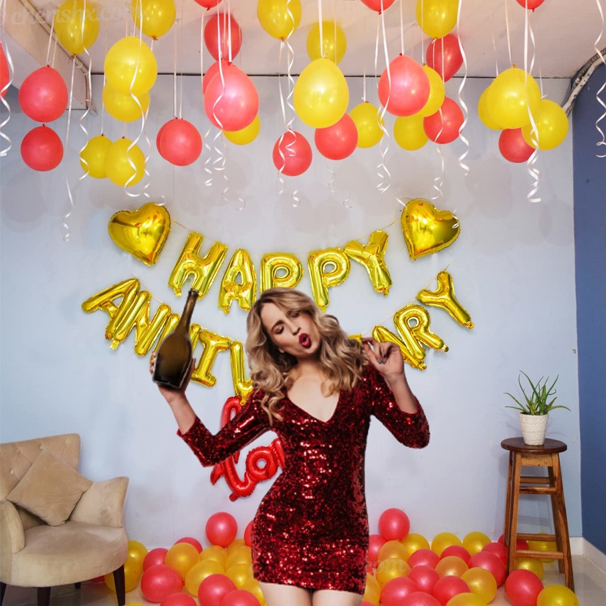 Red & Yellow Anniversary Decoration For Home or Bedroom - 60Pcs - Golden Anniversary Foil, Cursive Love Foil, Heart Foil & Latex Balloons - Marriage Decoration Set - Husband or Wife freeshipping - CherishX Partystore