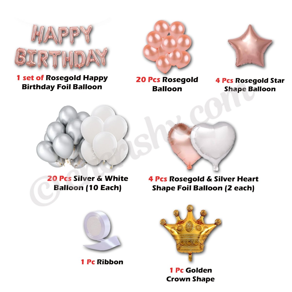 Rose Gold Happy Birthday with Star and Crown Shape Foil Balloon - 63 Pcs Combo - DIY Kit freeshipping - CherishX Partystore