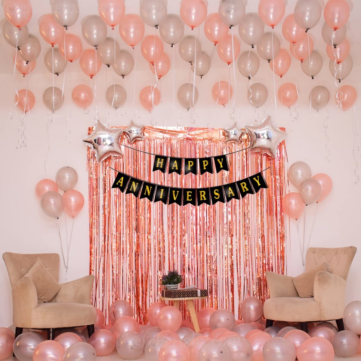 Rosegold Anniversary Decoration Items Combo - 27 Pcs - Anniversary Banner, Foil curtains for party, Star Shape Foil & Metallic Balloon - wedding anniversary decoration freeshipping - CherishX Partystore