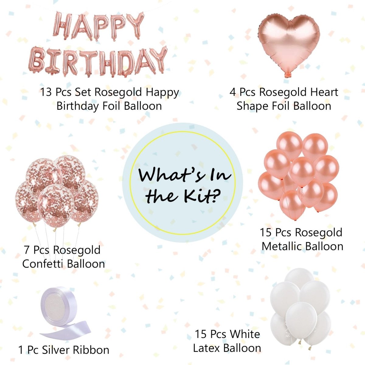 Rosegold Birthday Decoration Party Supplies Kit – Pack of 55 – Happy Birthday Foil, Heart Shape Foil, Confetti, Metallic & Latex Balloons - for Husband, Wife, Boy, Girl freeshipping - CherishX Partystore