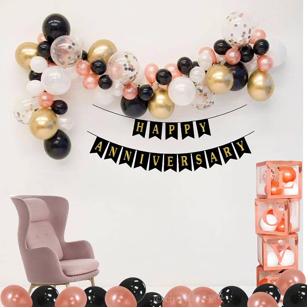 Rosegold Happy Anniversary Decorations for Home Kit - 58 Pcs - Banner, Transparent Cube Box, Confetti & Metallic Balloons Combo for 25th 50th 1st, Wedding Party Decoration freeshipping - CherishX Partystore