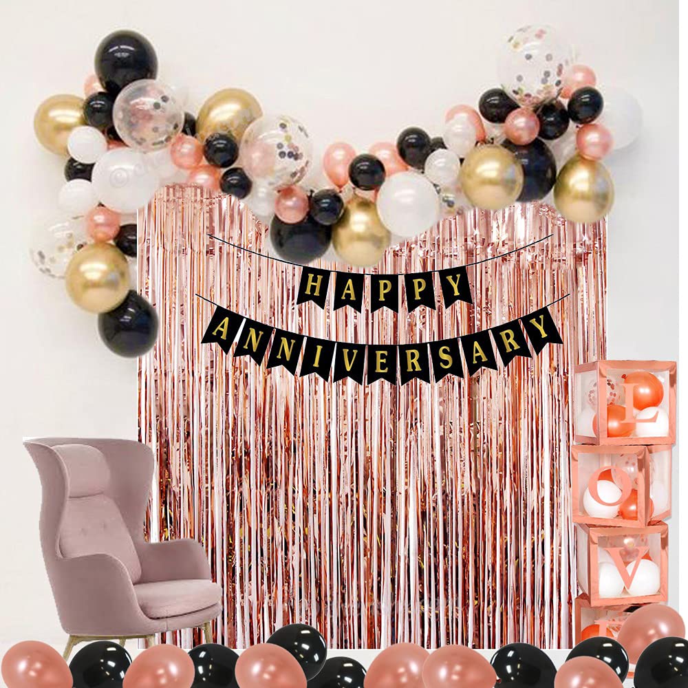 Rosegold Happy Anniversary Decorations for Home Kit - 59 Pcs Combo Set Happy Anniversary Banner, Transparent Cube Box, Foil Curtain Confetti & Balloons -Husband Wife Mom Dad Parents freeshipping - CherishX Partystore