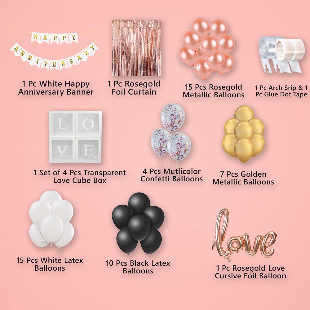 Rosegold Happy Anniversary Foil Balloons - 60 Pcs Combo - Banner, Cursive Love, Transparent Love Cube Box, Balloons - For wedding anniversary decoration items For Home - Husband Wife freeshipping - CherishX Partystore