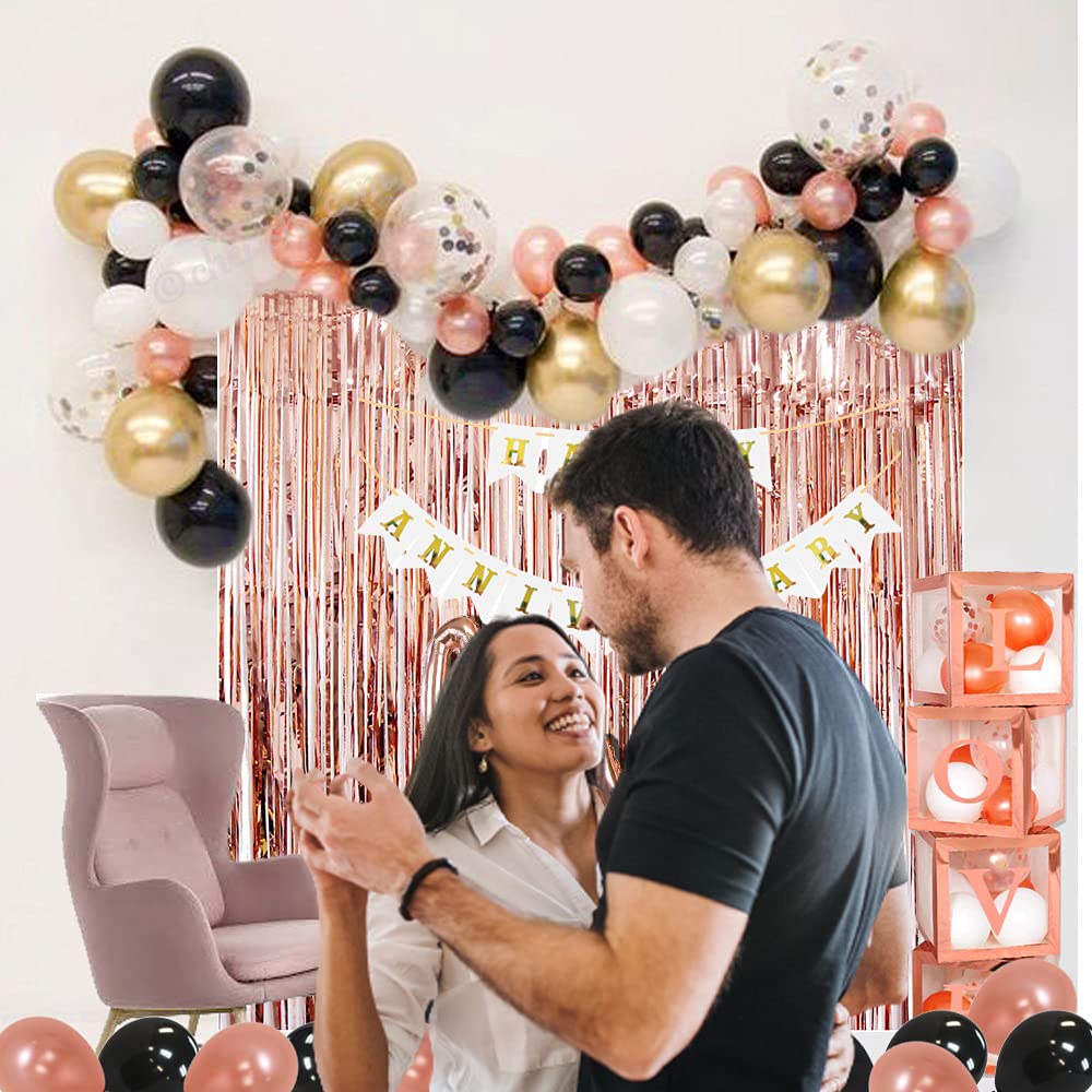 Rosegold Happy Anniversary Foil Balloons - 60 Pcs Combo - Banner, Cursive Love, Transparent Love Cube Box, Balloons - For wedding anniversary decoration items For Home - Husband Wife freeshipping - CherishX Partystore