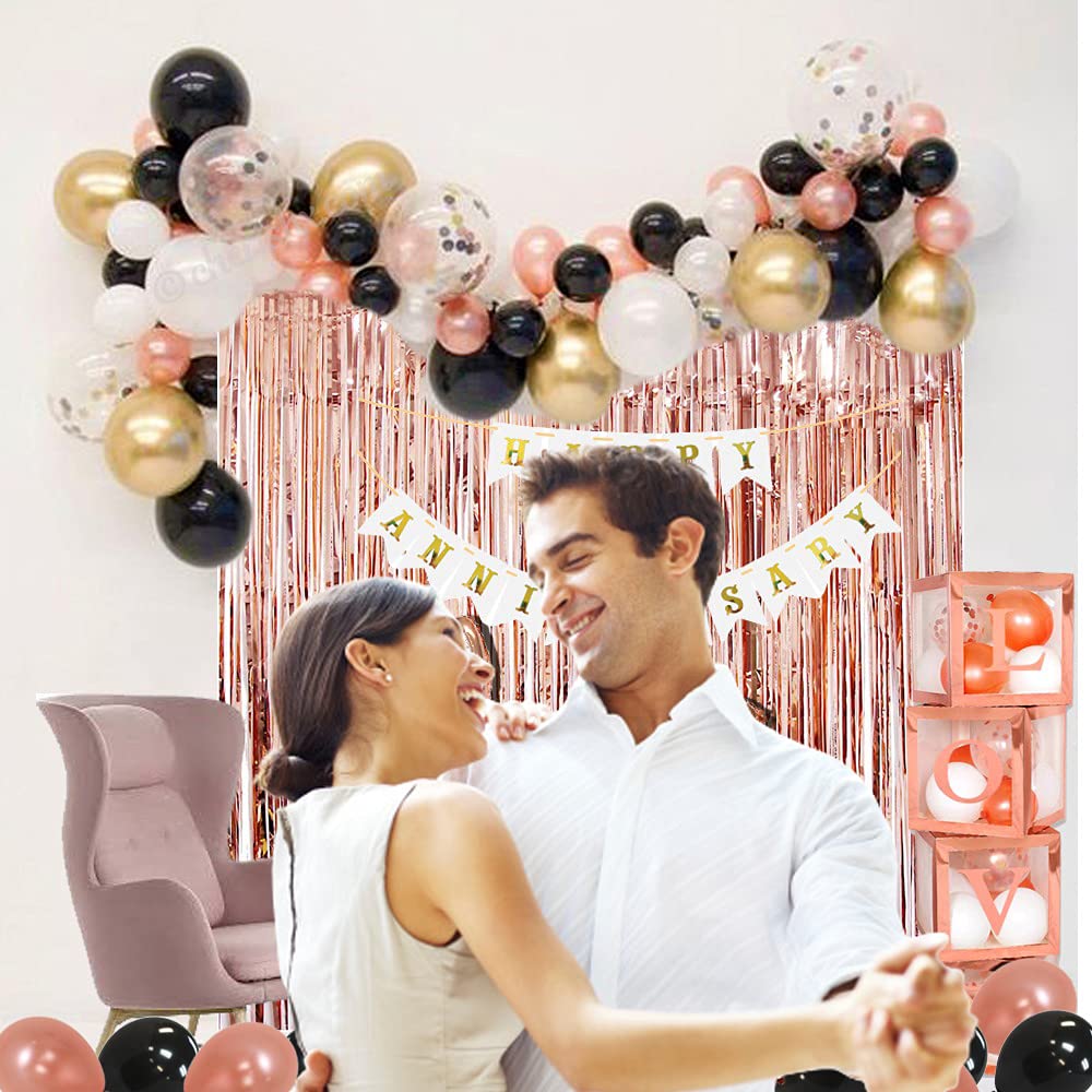 Rosegold Happy Anniversary Foil Balloons - 60 Pcs Combo - Banner, Cursive Love, Transparent Love Cube Box, Balloons - For wedding anniversary decoration items For Home - Husband Wife freeshipping - CherishX Partystore
