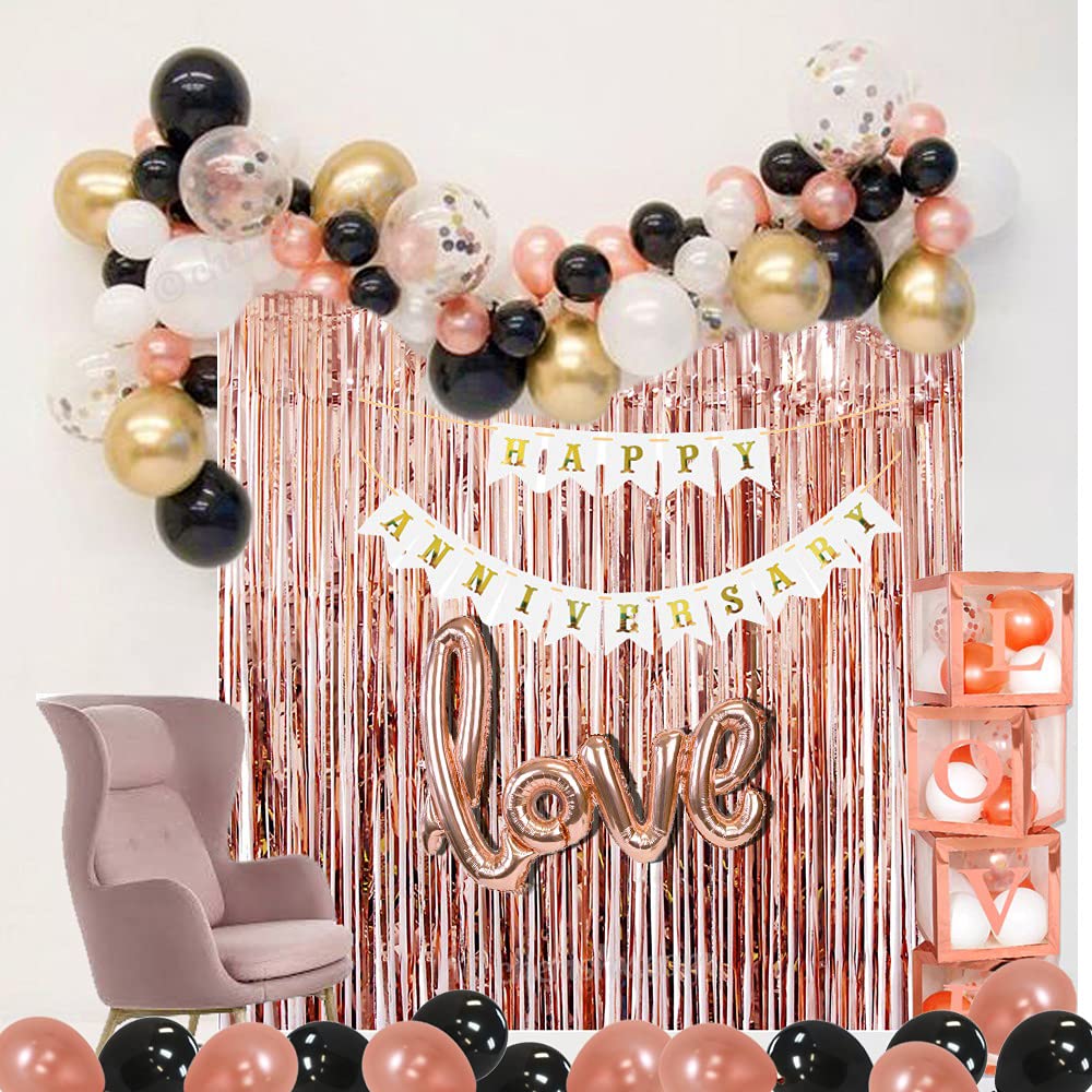 Rosegold Happy Anniversary Foil Balloons - 60 Pcs Combo - Banner, Cursive Love, Transparent Love Cube Box, Balloons - For wedding anniversary decoration items For Home - Husband Wife freeshipping - CherishX Partystore