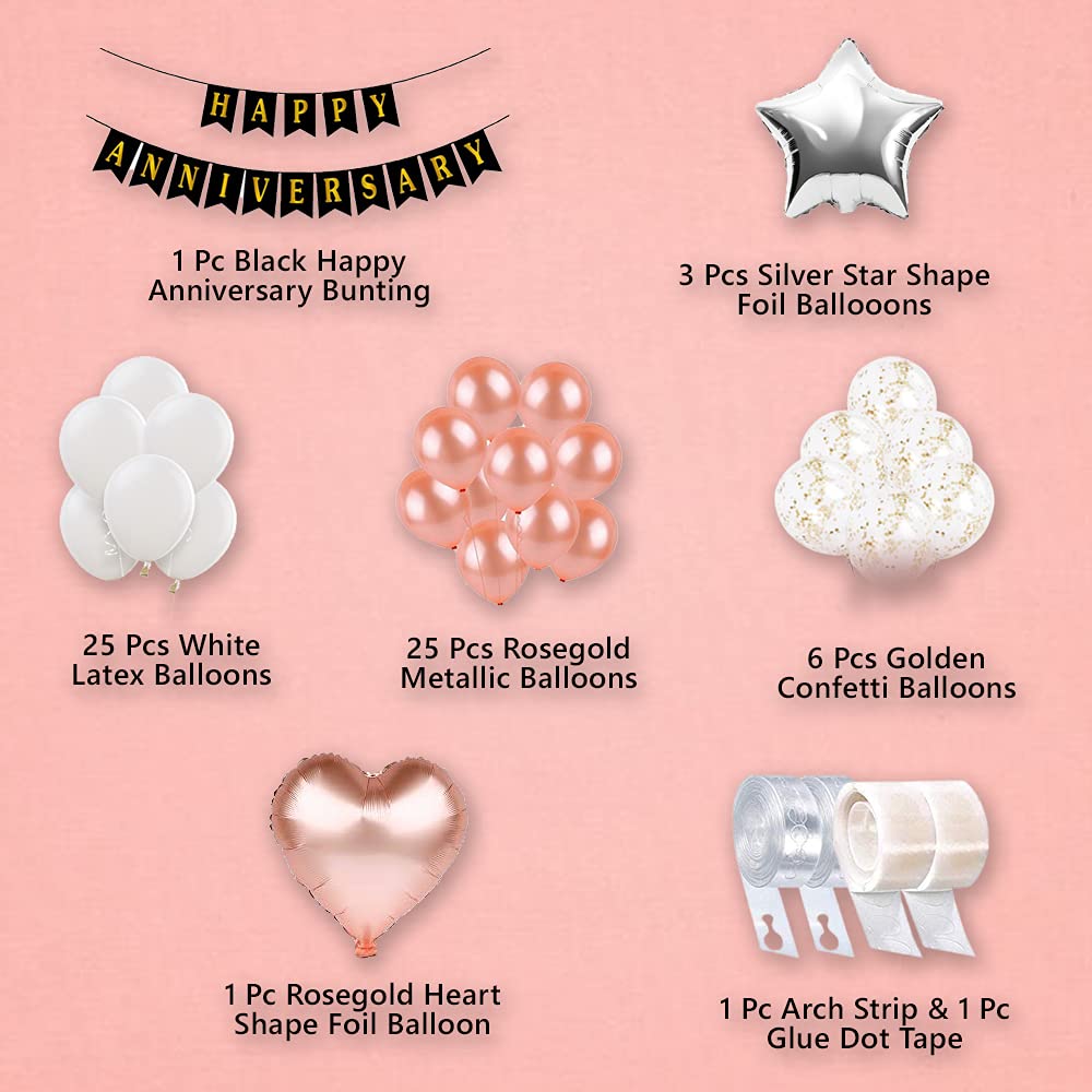 Rosegold & White Anniversary Celebration Decorations 63 Pcs Set - Anniversary Banner, Star, Heart, Confetti & Metallic Balloon Decoration for Wedding Anniversary, Arch Stip and Glue Tape freeshipping - CherishX Partystore
