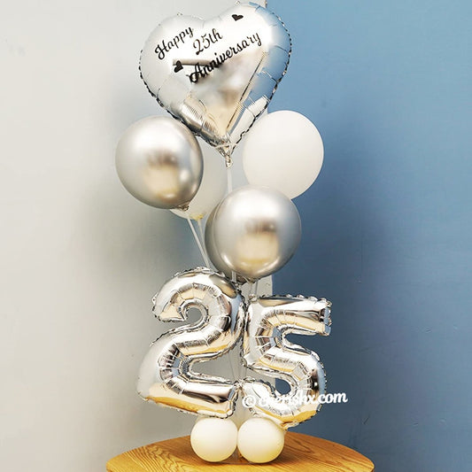 Silver Anniversary Balloon Bouquets - Pack of 15 Pcs - Balloon Stand, Heart shape, Digit, Latex Balloons for 25th Aniversary Gift for Parents, Husband, Wife freeshipping - CherishX Partystore
