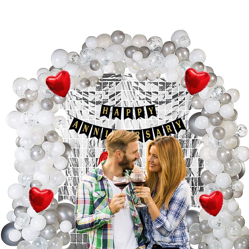 White Happy Anniversary Balloon Decoration Kit - Pack of 89 Pcs - Anniversary Banner, Heart Foil, Love Cursive Foil, Square Foil Curtain, Metallic Balloons, Arch Strip and Glue Dot freeshipping - CherishX Partystore