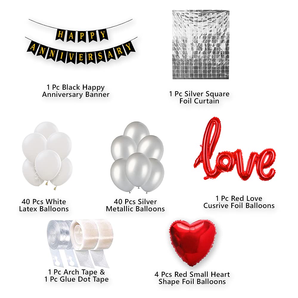White Happy Anniversary Balloon Decoration Kit - Pack of 89 Pcs - Anniversary Banner, Heart Foil, Love Cursive Foil, Square Foil Curtain, Metallic Balloons, Arch Strip and Glue Dot freeshipping - CherishX Partystore